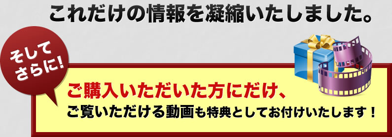 これだけの情報を凝縮いたしました。そしてさらにご購入いただいた方にだけ、ご覧いただける動画も特典としてお付けいたします!
